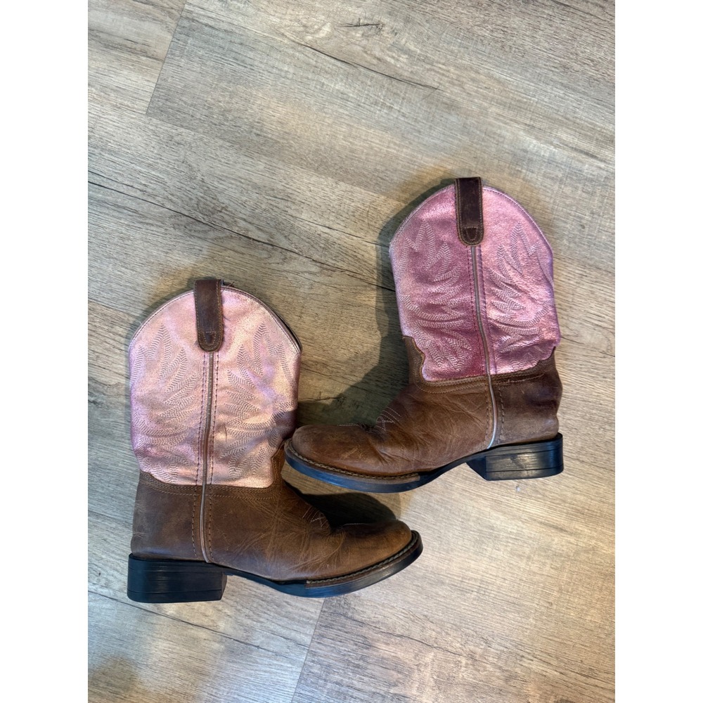 Shyanne Girls Brown Leather Metallic Pink Western Cowgirl Boots Square Toe 4.0D